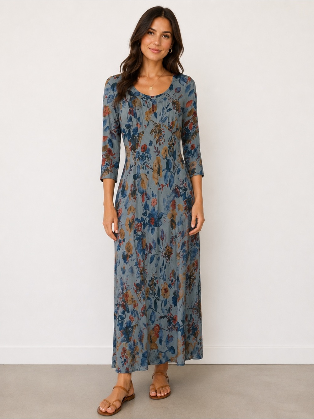 Vintage Carole Little Slate Blue Floral Rayon Maxi Dress Made in USA size 4